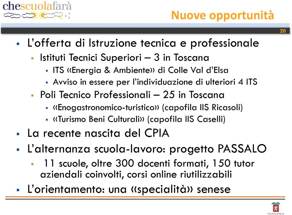 (capofila IIS Ricasoli) «Turismo Beni Culturali» (capofila IIS Caselli) La recente nascita del CPIA L alternanza scuola-lavoro: progetto