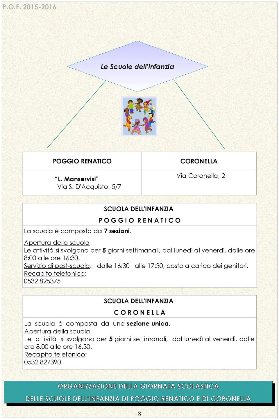 Servizio di post-scuola: dalle 16:30 alle 17:30, costo a carico dei genitori. Recapito telefonico: 0532 825375 SCUOLA DELL'INFANZIA C O R O N E L L A La scuola è composta da una sezione unica.