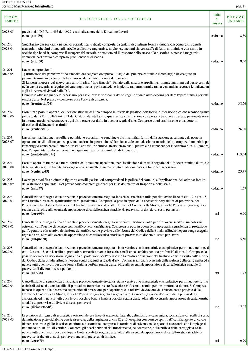 04 triangolari, circolari ottagonali, tabelle esplicative aggiuntive, targhe etc montati sia con staffe ferro, alluminio o con nastro in acciaio tipo band-it, compreso il recupero del materiale