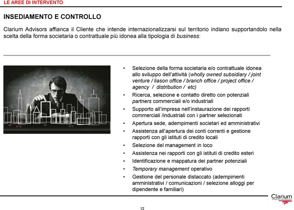 branch office / project office / agency / distribution / etc) Ricerca, selezione e contatto diretto con potenziali partners commerciali e/o industriali Supporto all impresa nell instaurazione dei