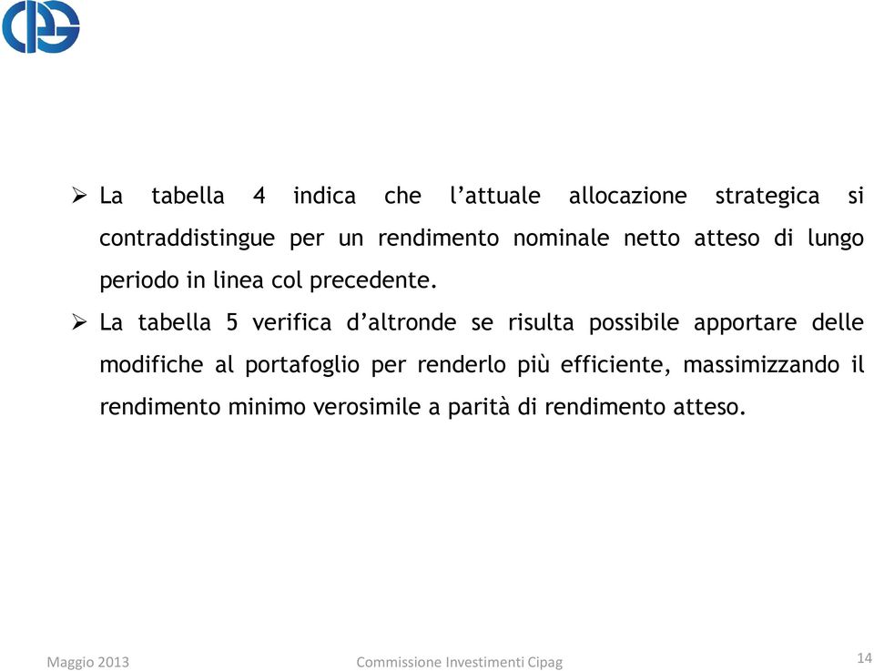 La tabella 5 verifica d altronde se risulta possibile apportare delle modifiche al portafoglio per