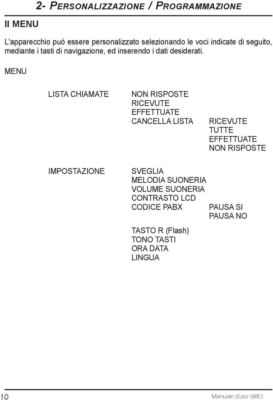 MENU LISTA CHIAMATE NON RISPOSTE RICEVUTE EFFETTUATE CANCELLA LISTA RICEVUTE TUTTE EFFETTUATE NON RISPOSTE