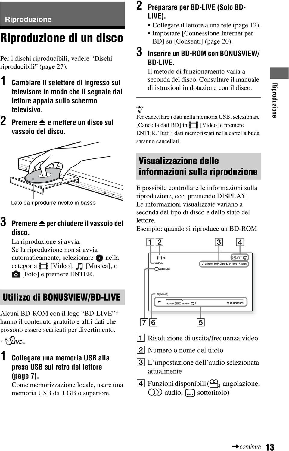 2 Preparare per BD-LIVE (Solo BD- LIVE). Collegare il lettore a una rete (page 12). Impostare [Connessione Internet per BD] su [Consenti] (page 20). 3 Inserire un BD-ROM con BONUSVIEW/ BD-LIVE.