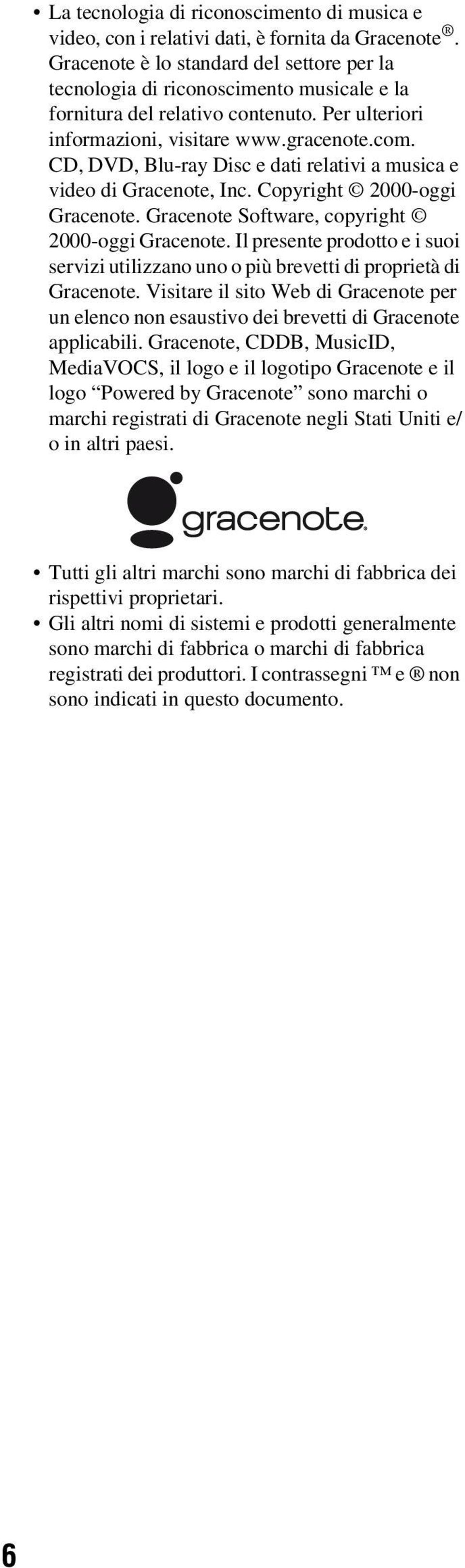 CD, DVD, Blu-ray Disc e dati relativi a musica e video di Gracenote, Inc. Copyright 2000-oggi Gracenote. Gracenote Software, copyright 2000-oggi Gracenote.