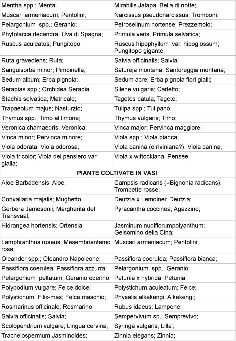 ; Orchidea Serapia Stachis selvatica; Matricale; Trapaeolum majus; Nasturzio; Thymus spp.