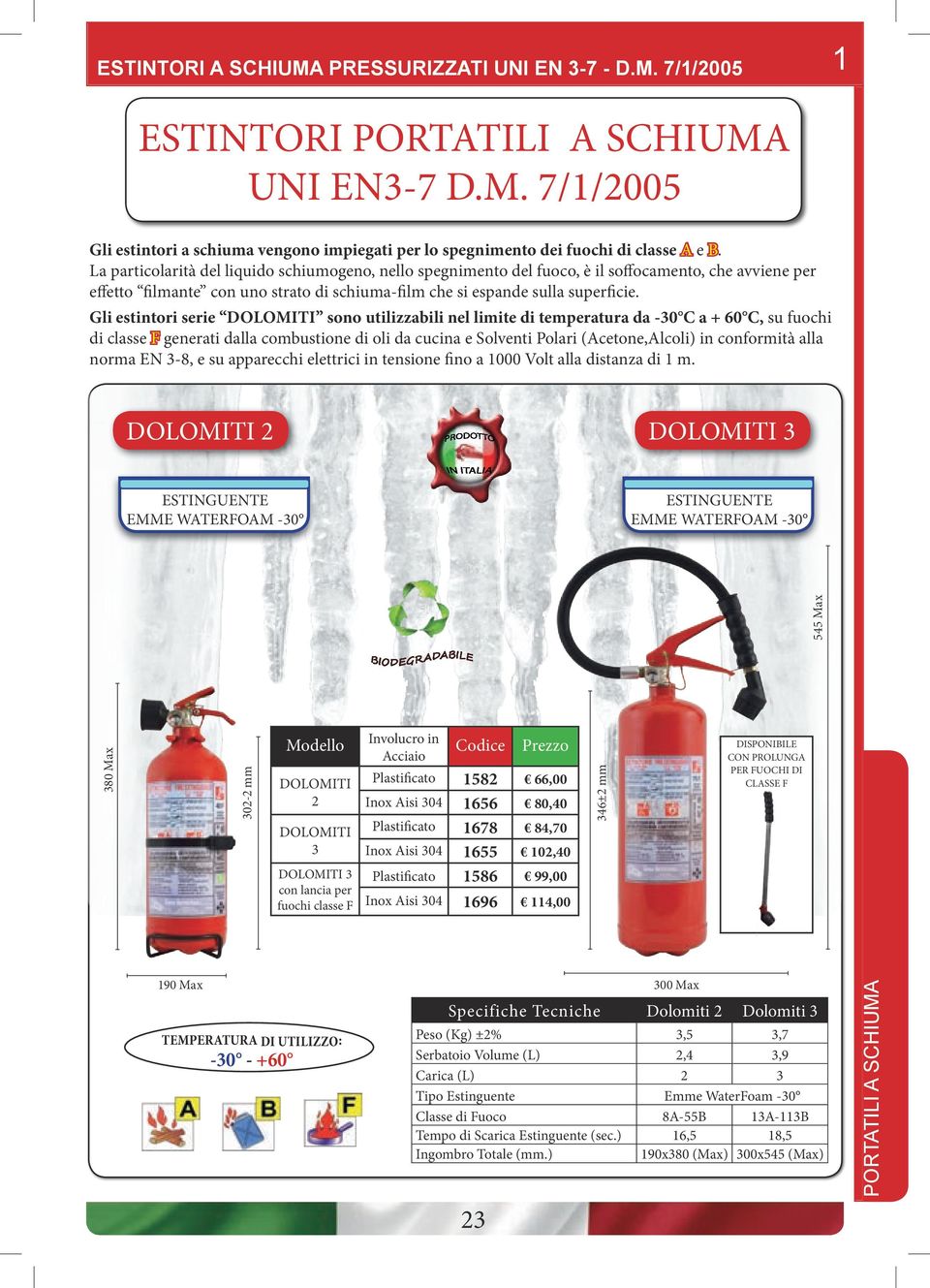 Gli estintori serie DOLOMITI sono utilizzabili nel limite di temperatura da -30 C a + 60 C, su fuochi di classe F generati dalla combustione di oli da cucina e Solventi Polari (Acetone,Alcoli) in