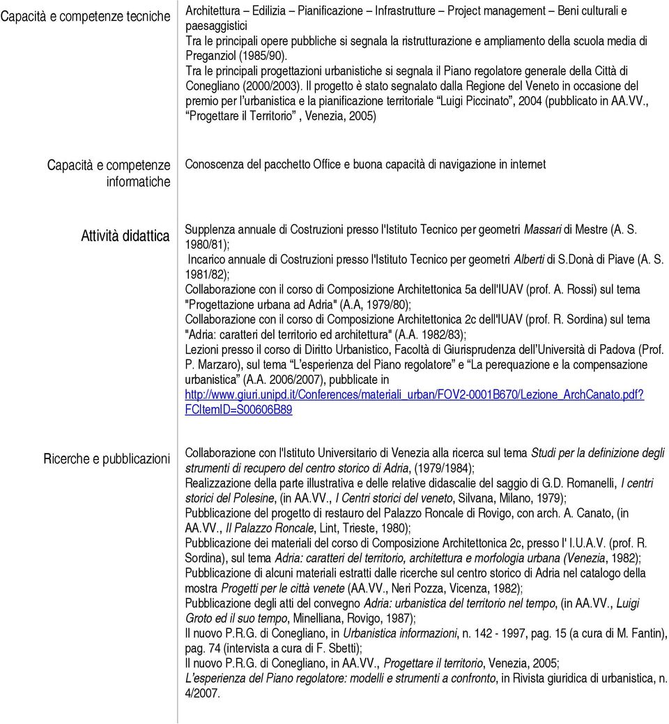 Il progetto è stato segnalato dalla Regione del Veneto in occasione del premio per l urbanistica e la pianificazione territoriale Luigi Piccinato, 2004 (pubblicato in AA.VV.