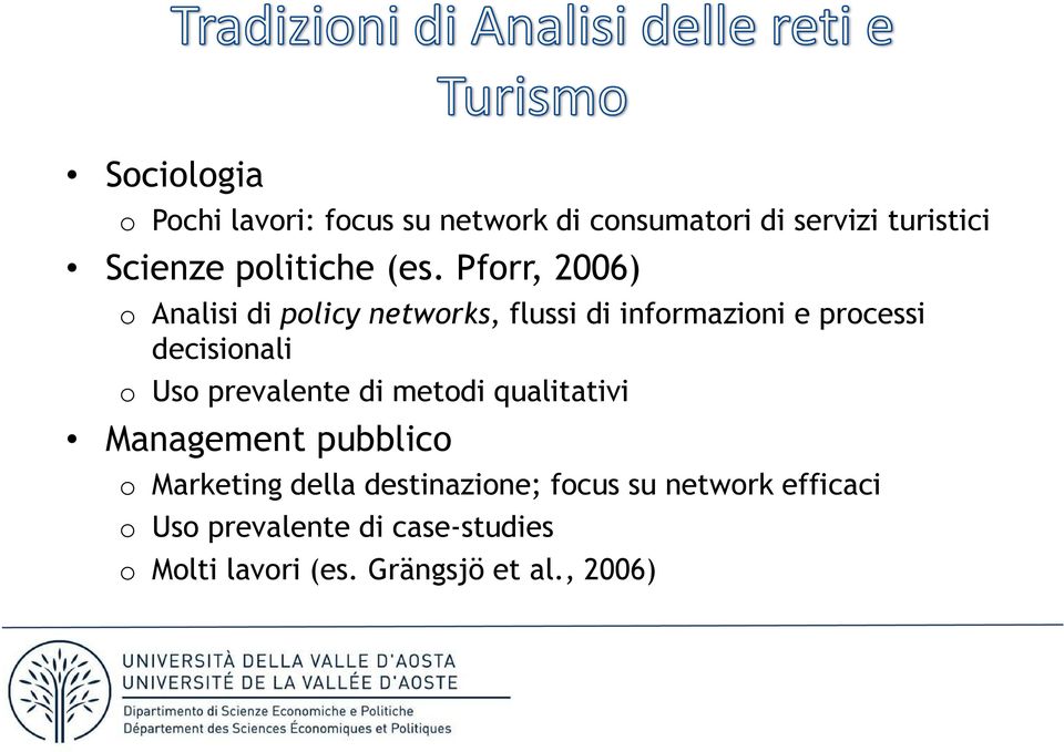 Pforr, 2006) o Analisi di policy networks, flussi di informazioni e processi decisionali o Uso