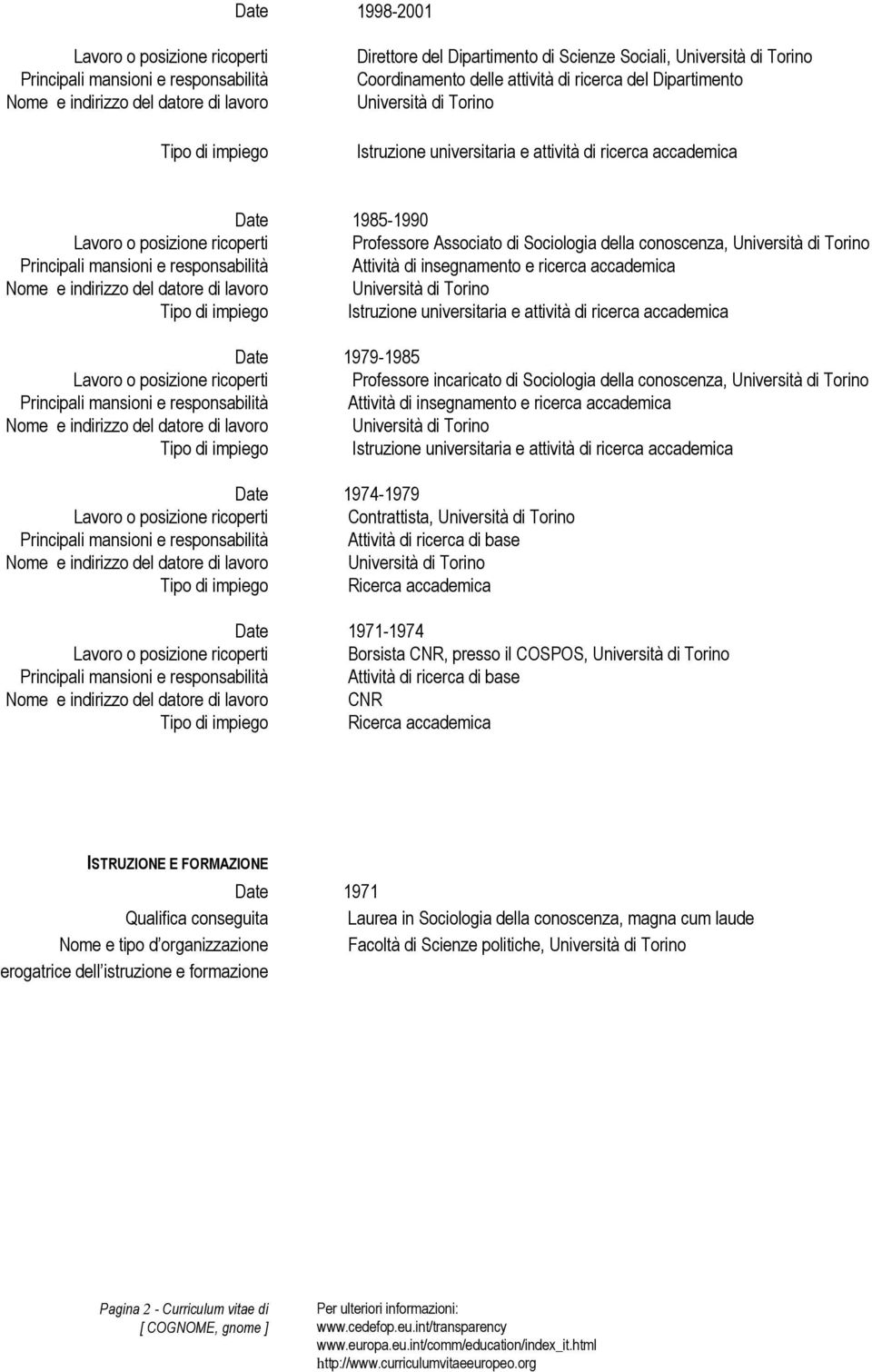 1971-1974 Borsista CNR, presso il COSPOS, Attività di ricerca di base CNR Ricerca accademica ISTRUZIONE E FORMAZIONE Qualifica conseguita Nome e tipo d