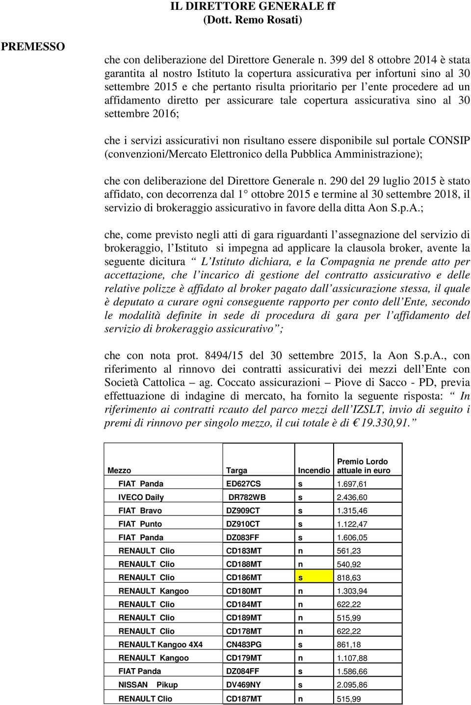 diretto per assicurare tale copertura assicurativa sino al 30 settembre 2016; che i servizi assicurativi non risultano essere disponibile sul portale CONSIP (convenzioni/mercato Elettronico della