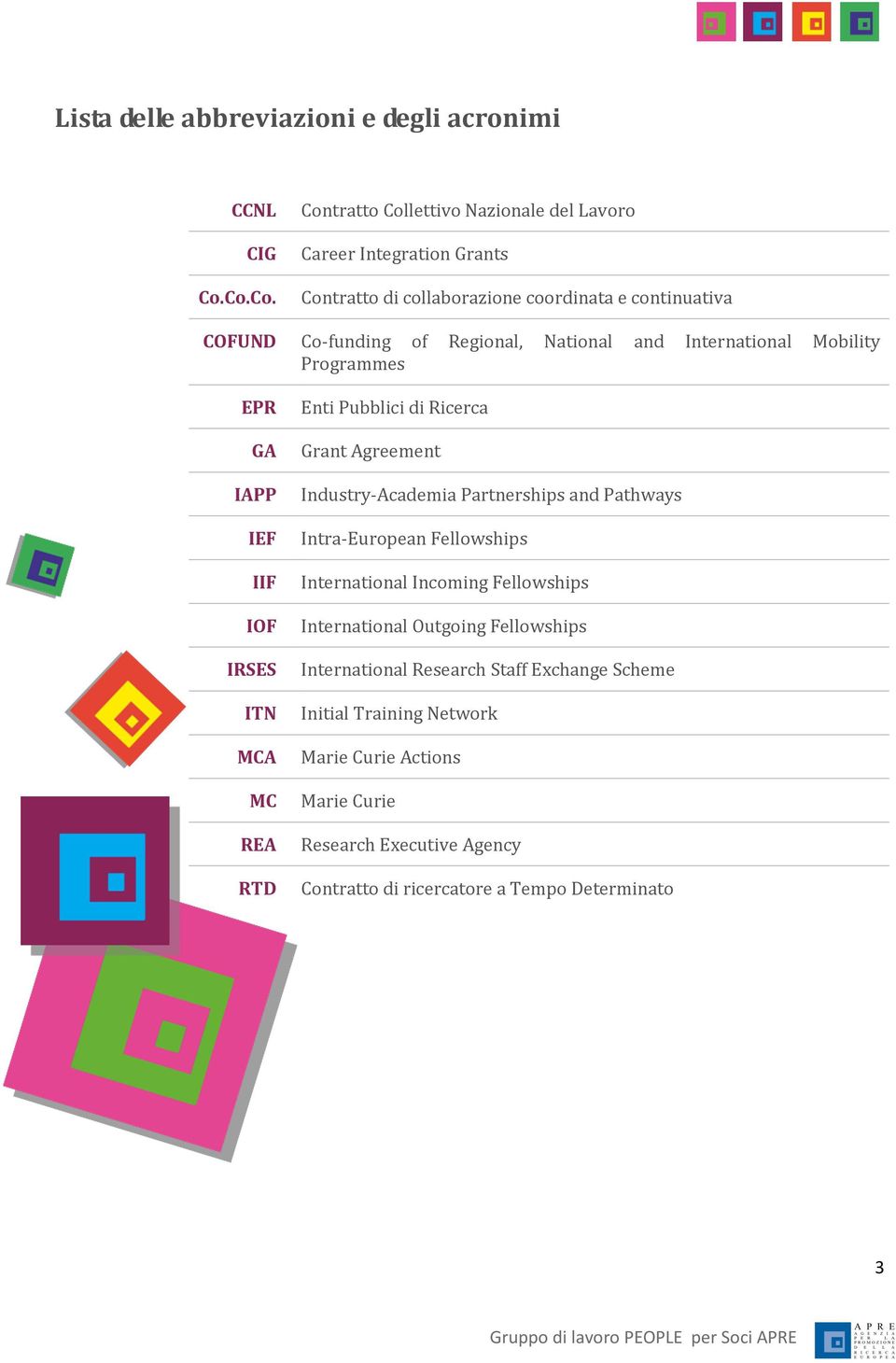 National and International Mobility Programmes EPR GA IAPP IEF IIF IOF IRSES ITN MCA MC REA RTD Enti Pubblici di Ricerca Grant Agreement Industry-Academia