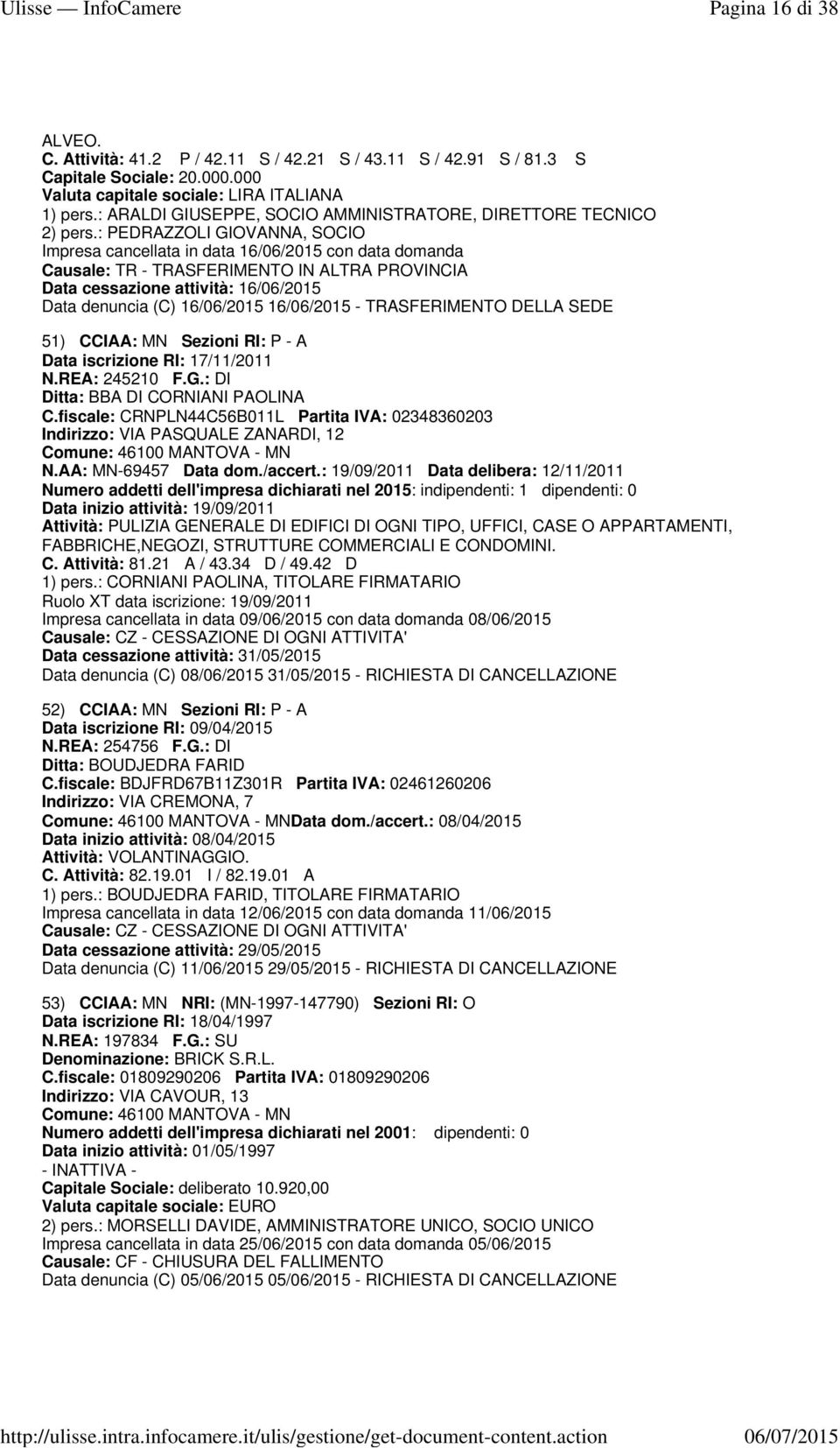 : PEDRAZZOLI GIOVANNA, SOCIO Impresa cancellata in data 16/06/2015 con data domanda Causale: TR - TRASFERIMENTO IN ALTRA PROVINCIA Data cessazione attività: 16/06/2015 Data denuncia (C) 16/06/2015