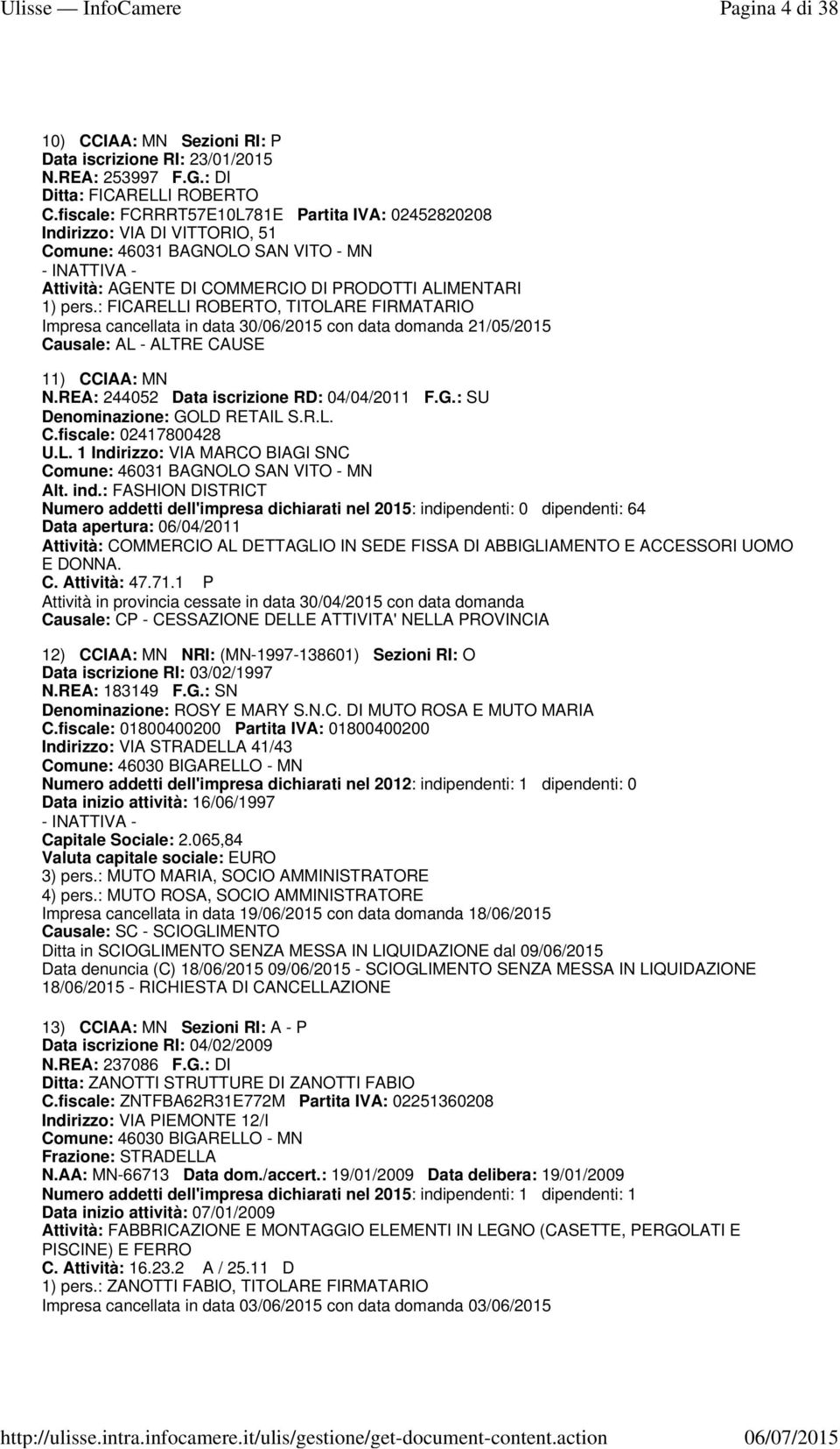 : FICARELLI ROBERTO, TITOLARE FIRMATARIO Impresa cancellata in data 30/06/2015 con data domanda 21/05/2015 Causale: AL - ALTRE CAUSE 11) CCIAA: MN N.REA: 244052 Data iscrizione RD: 04/04/2011 F.G.