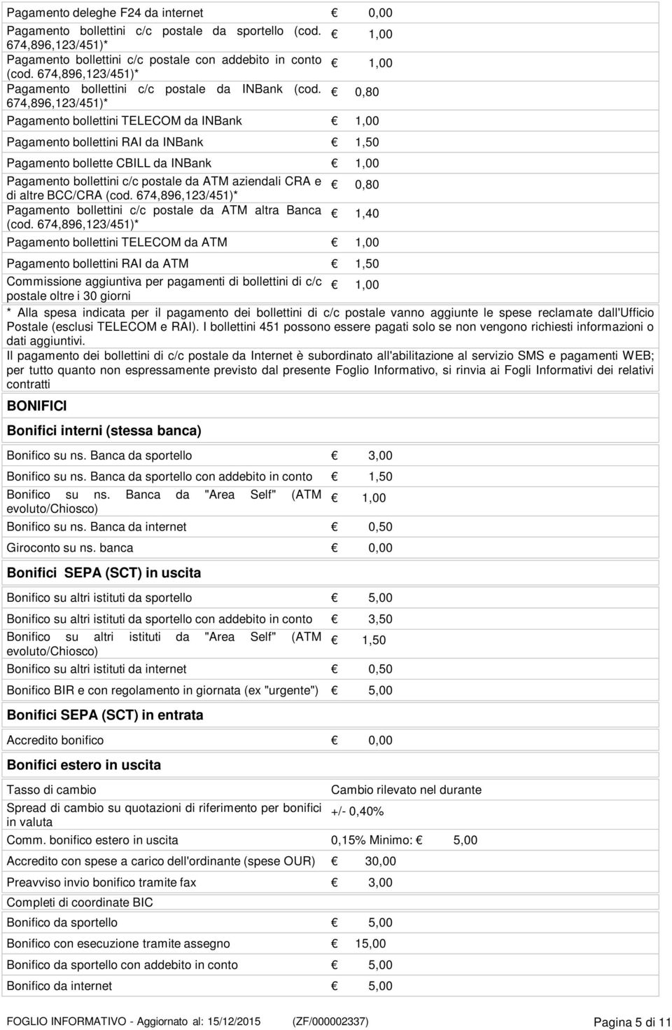 674,896,123/451)* 1,00 1,00 0,80 Pagamento bollettini TELECOM da INBank 1,00 Pagamento bollettini RAI da INBank 1,50 Pagamento bollette CBILL da INBank 1,00 Pagamento bollettini c/c postale da ATM