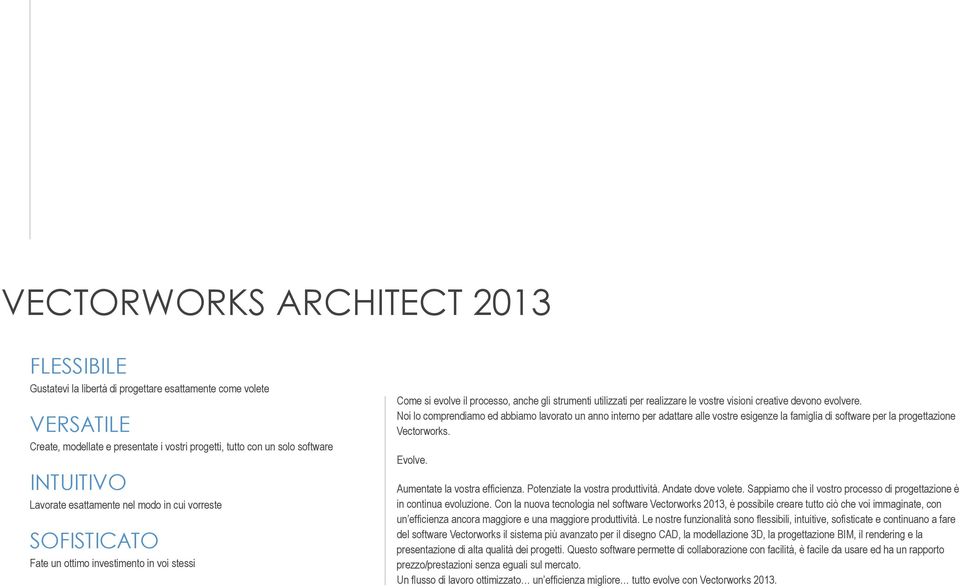creative devono evolvere. Noi lo comprendiamo ed abbiamo lavorato un anno interno per adattare alle vostre esigenze la famiglia di software per la progettazione Vectorworks. Evolve.