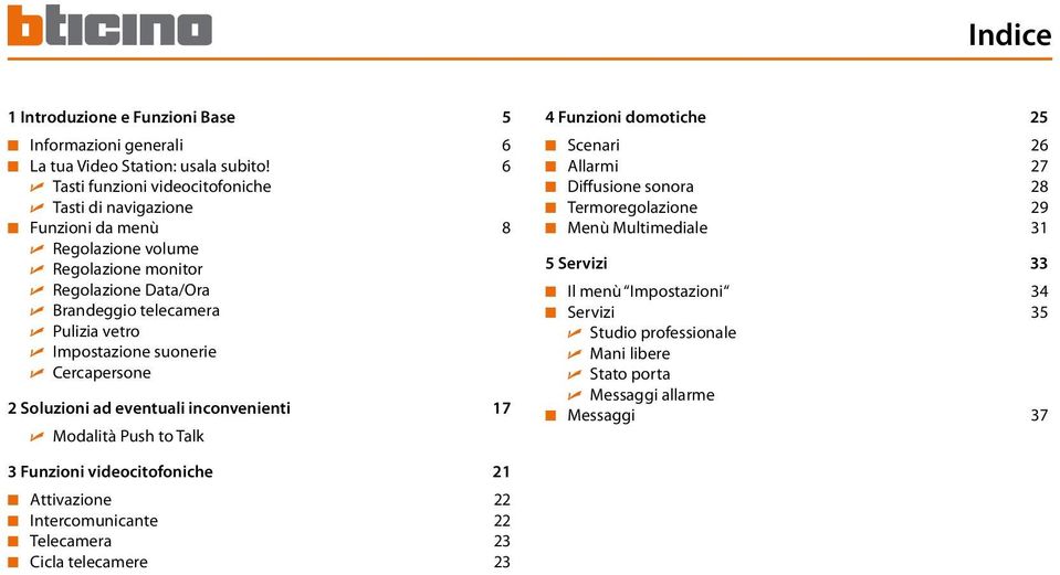 Impostazione suonerie Cercapersone 2 Soluzioni ad eventuali inconvenienti 17 Modalità Push to Talk 4 Funzioni domotiche 25 Scenari 26 Allarmi 27 Diffusione sonora 28