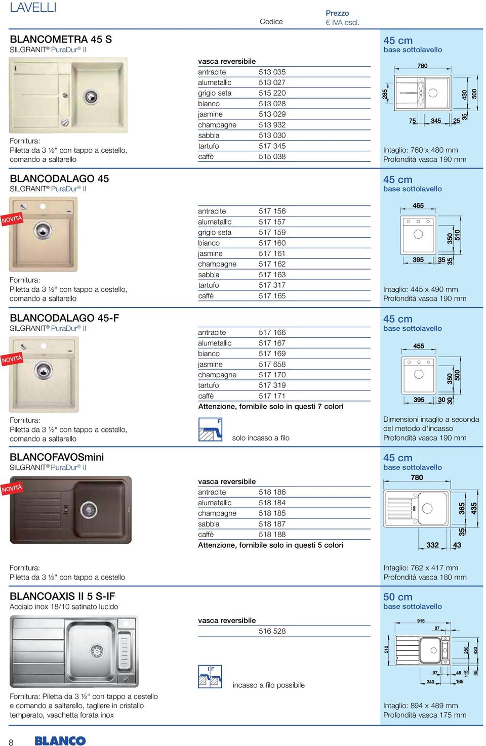 tappo a cestello, comando a saltarello BLANCOFAVOSmini antracite 517 156,00 alumetallic 517 157,00 grigio seta 517 159,00 bianco 517 160,00 jasmine 517 161,00 champagne 517 162,00 sabbia 517 163,00