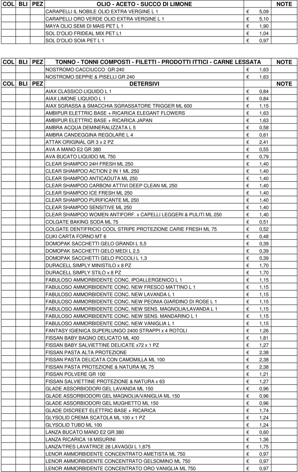 COL BLI PEZ DETERSIVI NOTE AIAX CLASSICO LIQUIDO L 1 0,84 AIAX LIMONE LIQUIDO L 1 0,84 AIAX SGRASSA & SMACCHIA SGRASSATORE TRIGGER ML 600 1,15 AMBIPUR ELETTRIC BASE + RICARICA ELEGANT FLOWERS 1,63