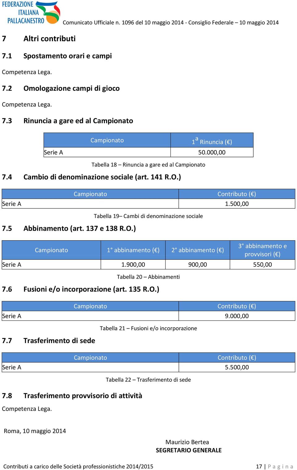 ) Campionato Contributo ( ) Serie A 1.500,00 7.5 Abbinamento (art. 137 e 138 R.O.