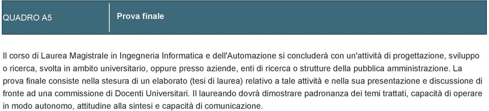 La prova finale consiste nella stesura di un elaborato (tesi di laurea) relativo a tale attività e nella sua presentazione e discussione di fronte ad una