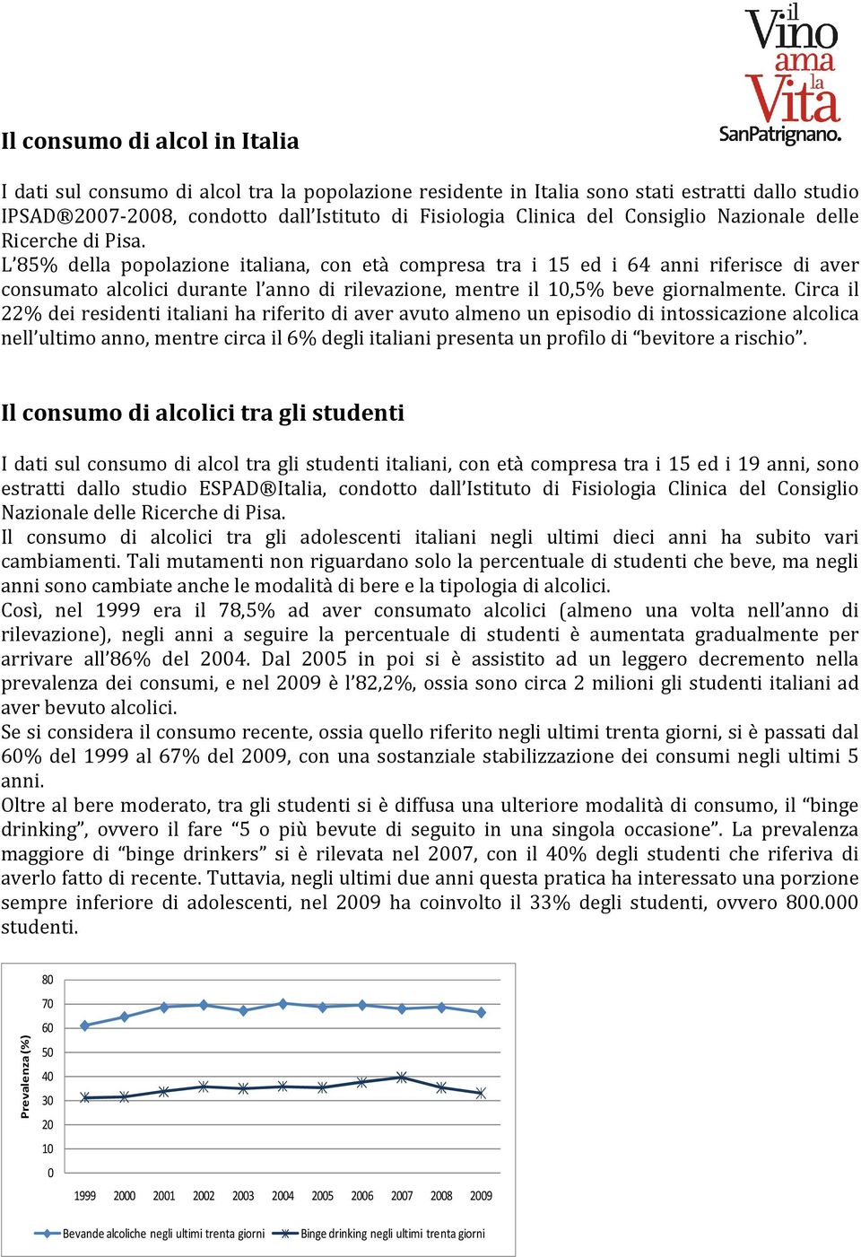 L 85% della popolazione italiana, con età compresa tra i 15 ed i 64 anni riferisce di aver consumato alcolici durante l anno di rilevazione, mentre il 10,5% beve giornalmente.