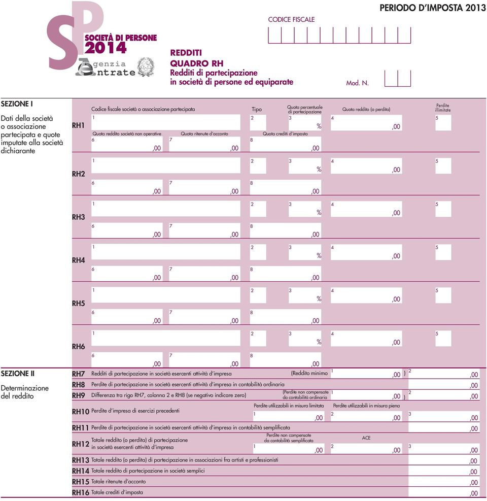 reddito società non operative Quota ritenute d acconto Quota crediti d imposta 6 7 8 Quota reddito (o perdita) Perdite illimitate 5 RH 6 7 8 % 5 RH 6 7 8 % 5 RH 6 7 8 % 5 RH5 6 7 8 % 5 SEZIONE II