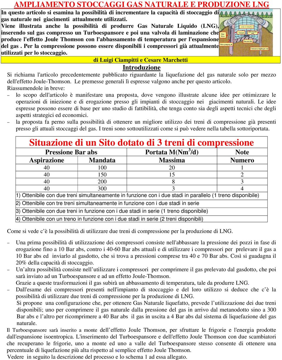 l'abbassamento di temperatura per l'espansione del gas. Per la compressione possono essere disponibili i compressori già attualmente utilizzati per lo stoccaggio.