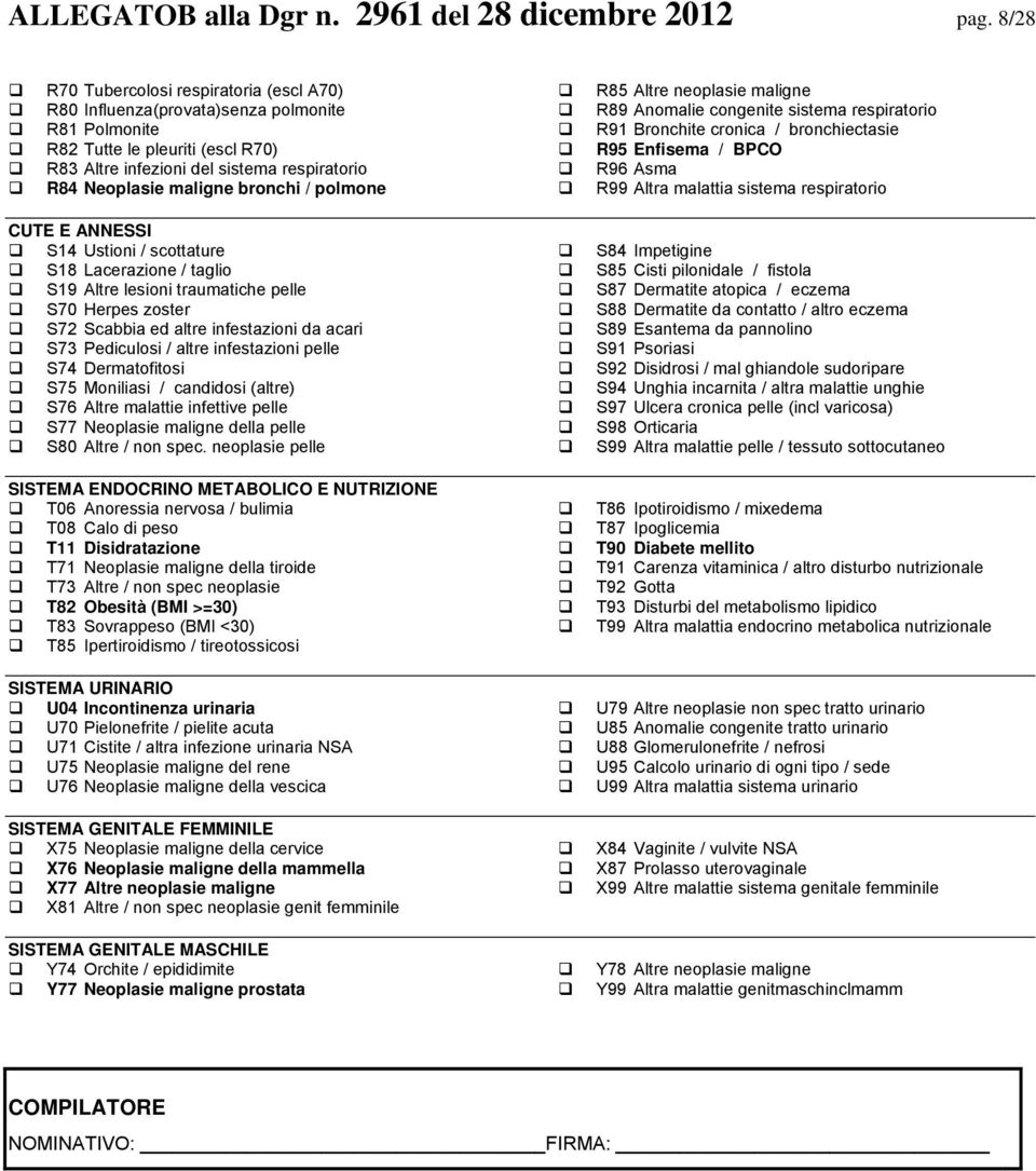 bronchi / polmone CUTE E ANNESSI S14 Ustioni / scottature S18 Lacerazione / taglio S19 Altre lesioni traumatiche pelle S70 Herpes zoster S72 Scabbia ed altre infestazioni da acari S73 Pediculosi /