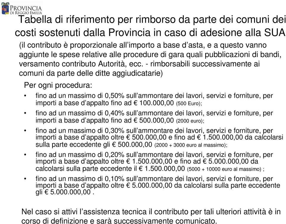 - rimborsabili successivamente ai comuni da parte delle ditte aggiudicatarie) Per ogni procedura: fino ad un massimo di 0,50% sull ammontare dei lavori, servizi e forniture, per importi a base d