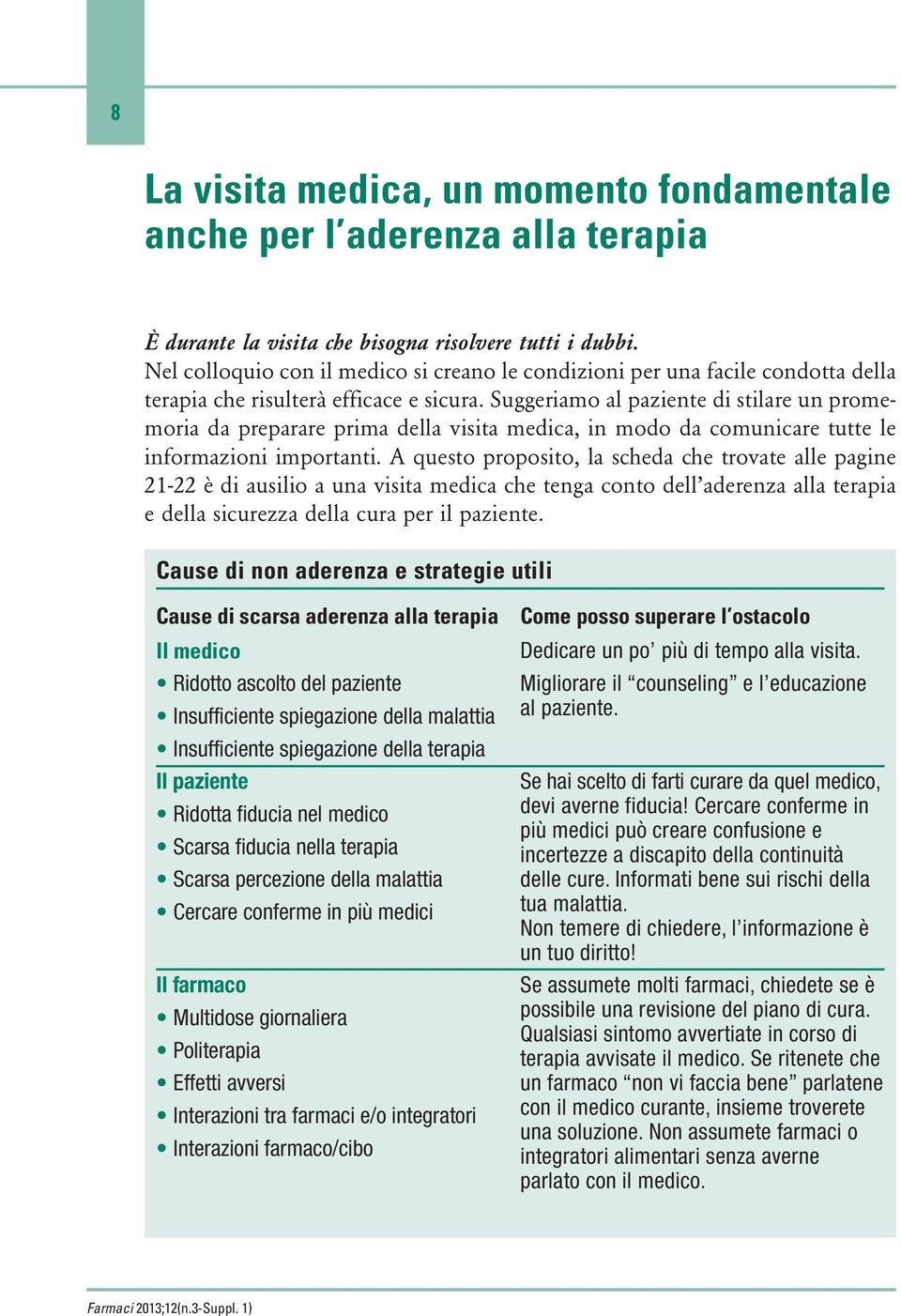 Suggeriamo al paziente di stilare un promemoria da preparare prima della visita medica, in modo da comunicare tutte le informazioni importanti.