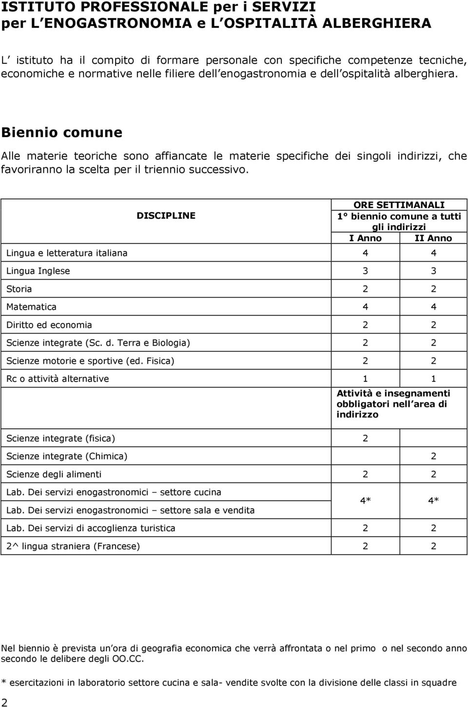 Biennio comune Alle materie teoriche sono affiancate le materie specifiche dei singoli indirizzi, che favoriranno la scelta per il triennio successivo.