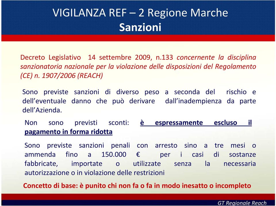 1907/2006 (REACH) Sono previste sanzioni di diverso peso a seconda del rischio e dell eventuale danno che può derivare dall inadempienza da parte dell Azienda.