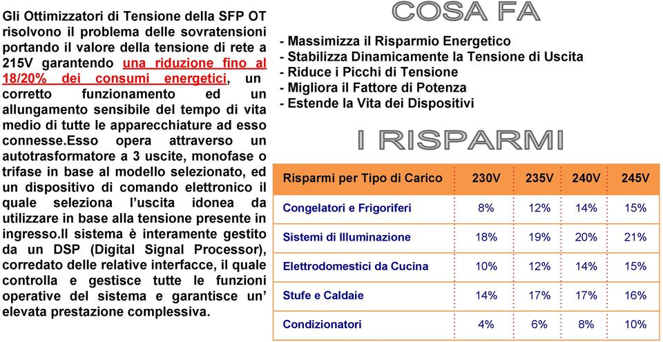 esso opera attraverso un autotrasformatore a 3 uscite, monofase o trifase in base al modello selezionato, ed un dispositivo di comando elettronico il quale seleziona l uscita idonea da utilizzare in