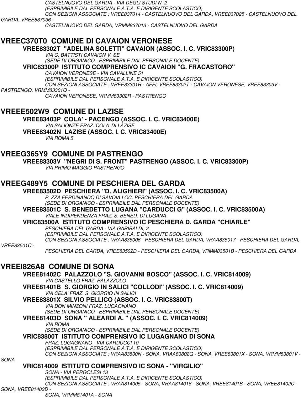 VERONESE VREE83302T "ADELINA SOLETTI" CAVAION (ASSOC. I. C. VRIC83300P) VIA C. BATTISTI CAVAION V. SE VRIC83300P ISTITUTO COMPRENSIVO IC CAVAION "G.