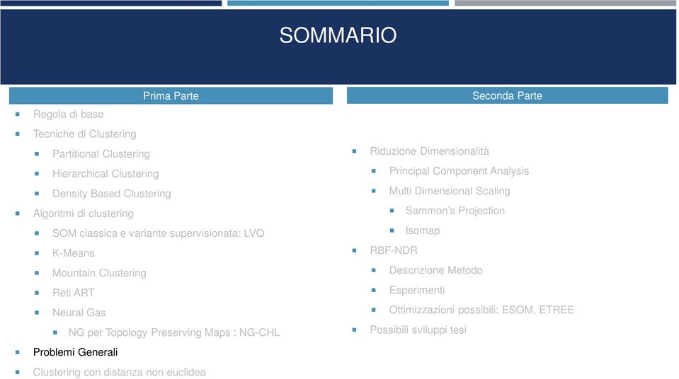 NG-CHL Problemi Generali Seconda Parte Riduzione Dimensionalità Principal Component Analysis Multi Dimensional Scaling Sammon s Projection