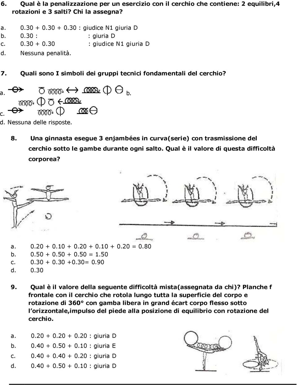 Una ginnasta esegue 3 enjambées in curva(serie) con trasmissione el cerchio sotto le gambe urante ogni salto. Qual è il valore i questa ifficoltà corporea? a. 0.20 + 0.10 + 0.20 + 0.10 + 0.20 = 0.