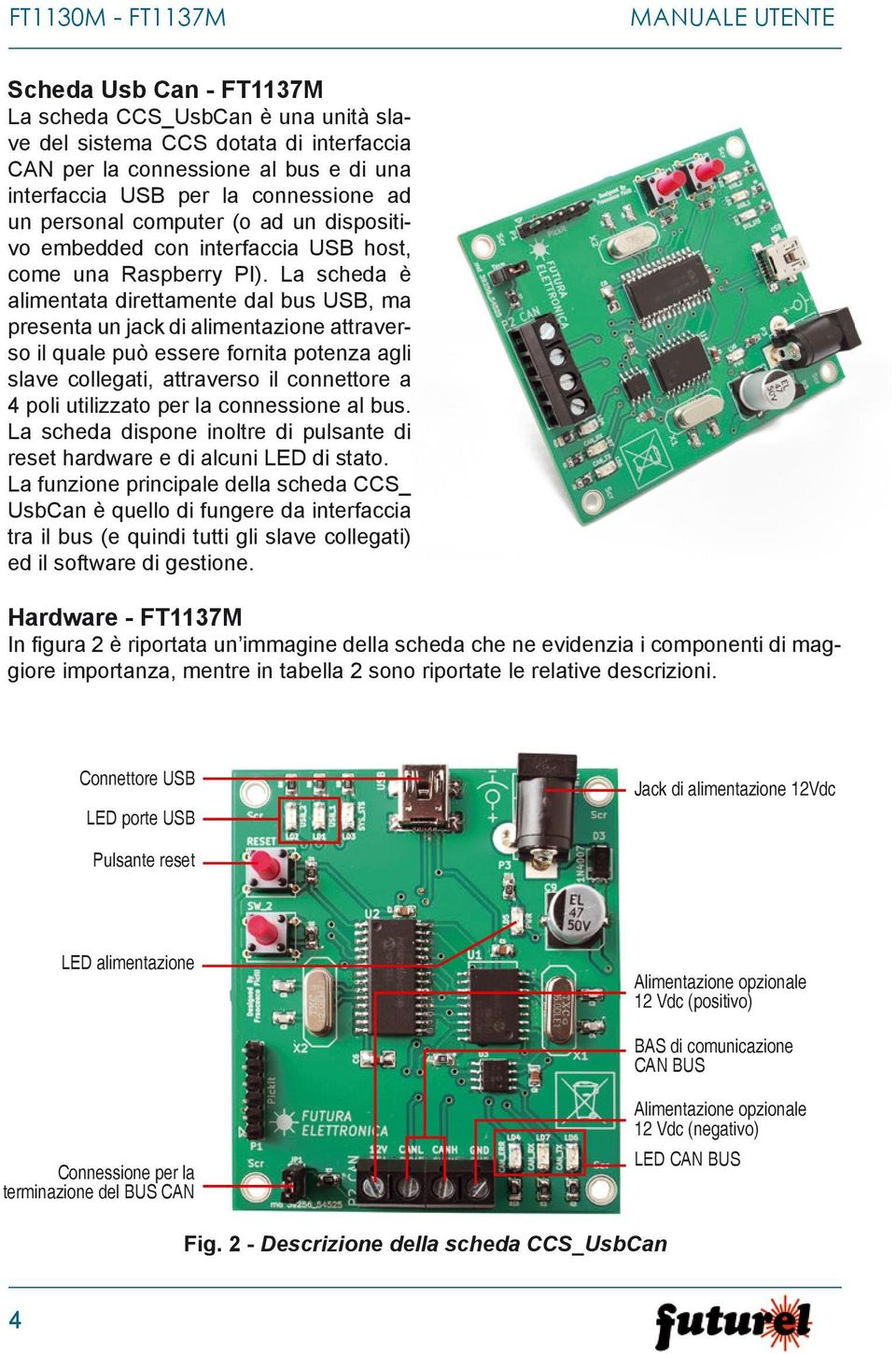 La scheda è alimentata direttamente dal bus USB, ma presenta un jack di alimentazione attraverso il quale può essere fornita potenza agli slave collegati, attraverso il connettore a 4 poli utilizzato