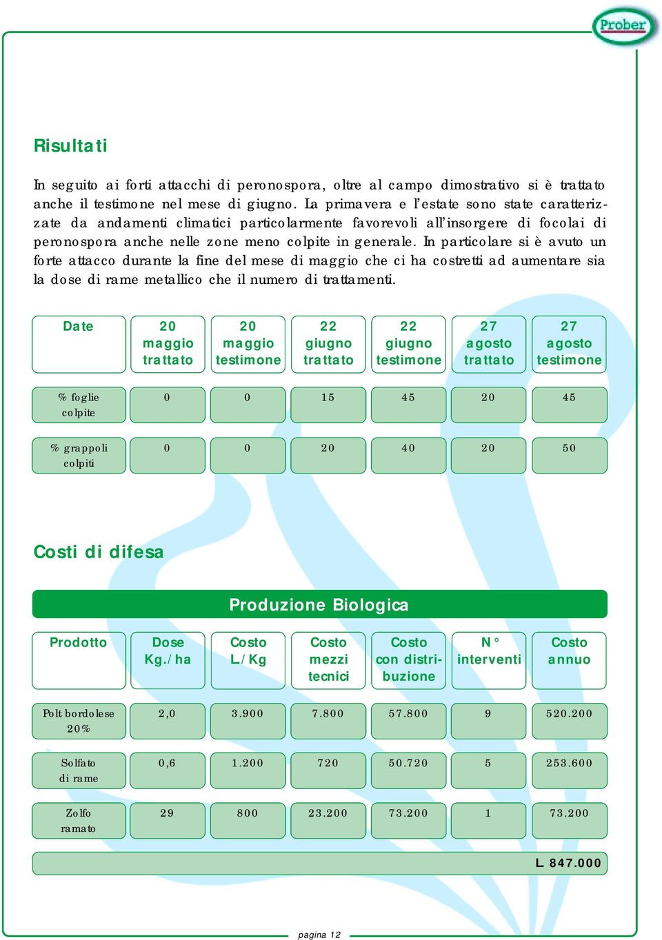 In particolare si è avuto un forte attacco durante la fine del mese di maggio che ci ha costretti ad aumentare sia la dose di rame metallico che il numero di trattamenti.