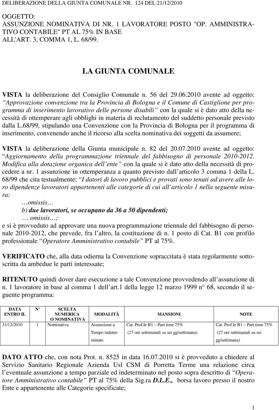 2010 avente ad oggetto: Approvazione convenzione tra la Provincia di Bologna e il Comune di Castiglione per programma di inserimento lavorativo delle persone disabili con la quale si è dato atto