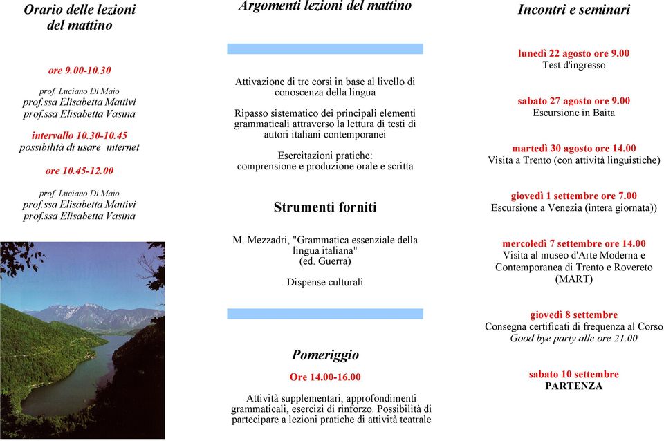 ssa Elisabetta Vasina Argomenti lezioni del mattino Attivazione di tre corsi in base al livello di conoscenza della lingua Ripasso sistematico dei principali elementi grammaticali attraverso la