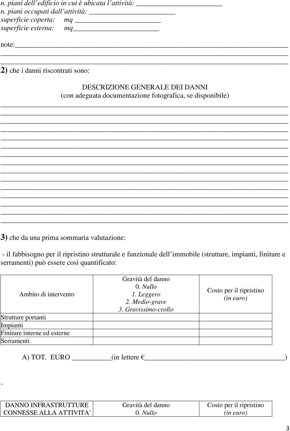 adeguata documentazione fotografica, se disponibile) 3) che da una prima sommaria valutazione: - il fabbisogno per il ripristino strutturale e funzionale dell