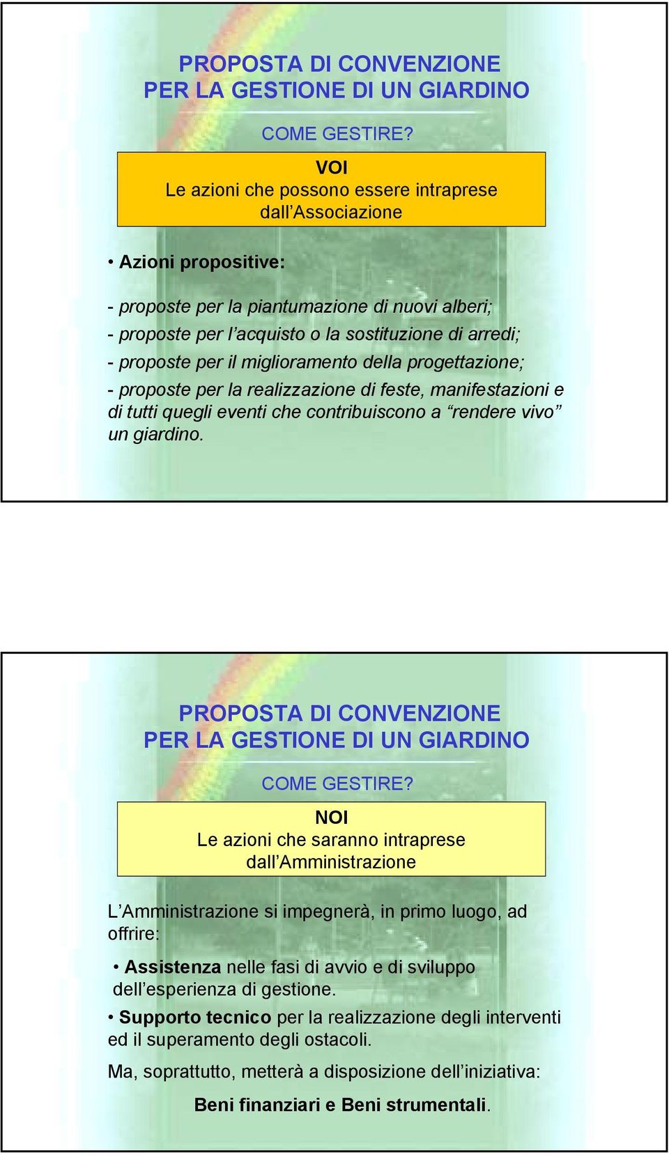 per il miglioramento della progettazione; - proposte per la realizzazione di feste, manifestazioni e di tutti quegli eventi che contribuiscono a rendere vivo un giardino.