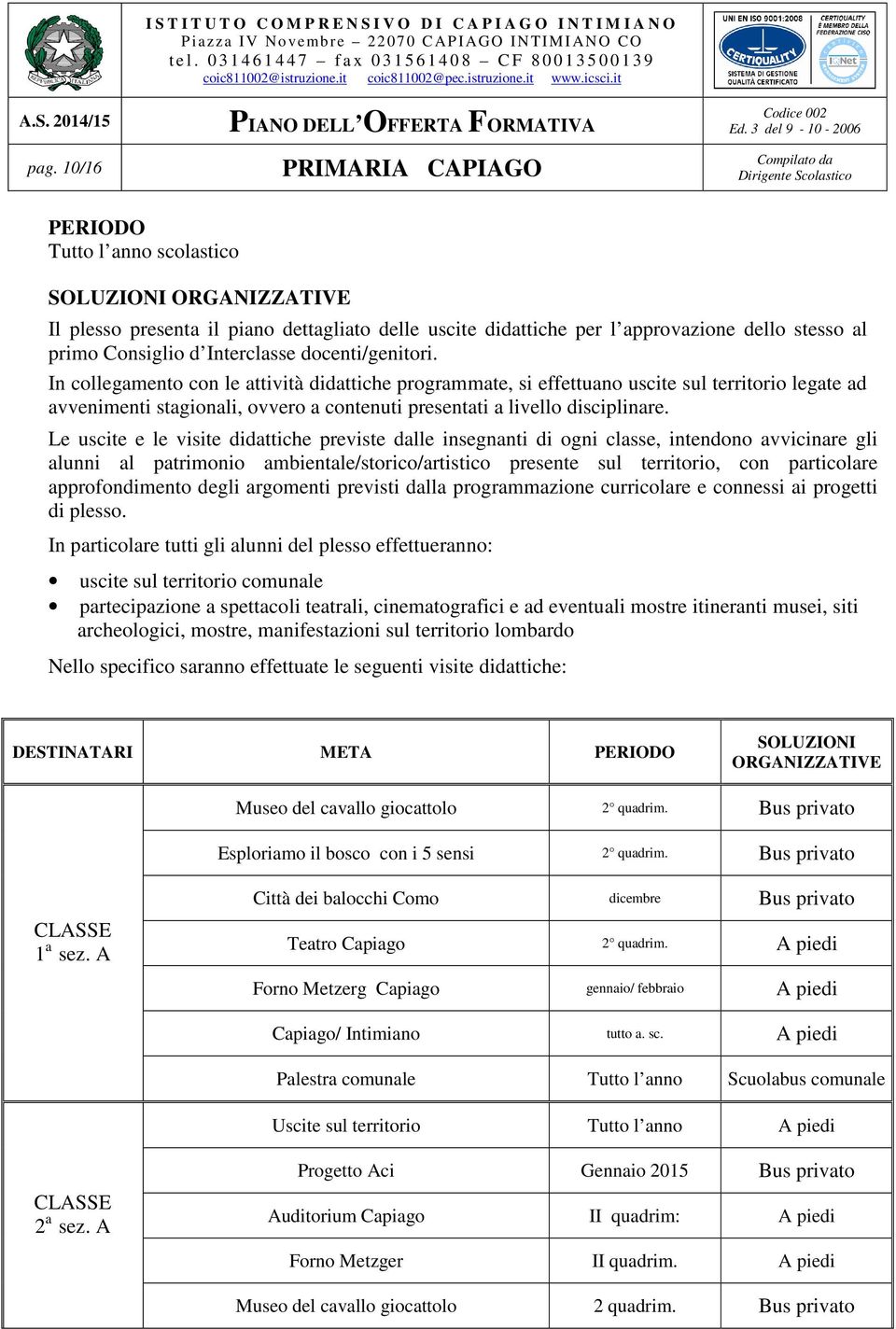 Le uscite e le visite didattiche previste dalle insegnanti di ogni classe, intendono avvicinare gli alunni al patrimonio ambientale/storico/artistico presente sul territorio, con particolare