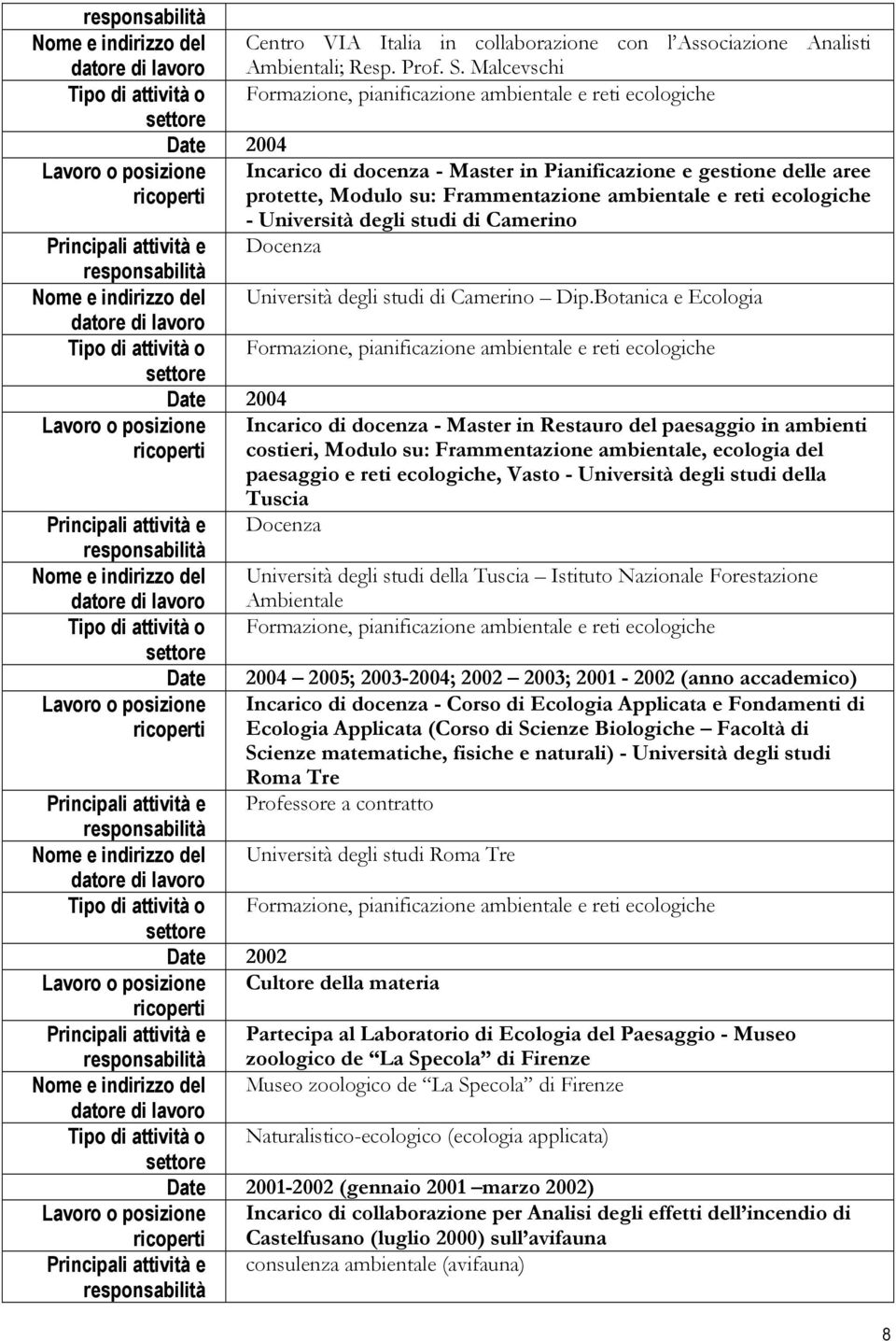 ecologiche - Università degli studi di Camerino Docenza Principali attività e Nome e indirizzo del Università degli studi di Camerino Dip.