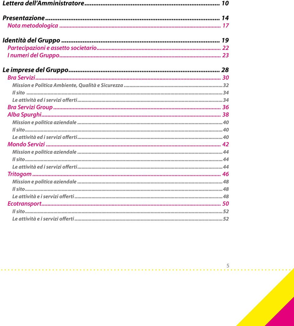.. 36 Alba Spurghi... 38 Mission e politica aziendale...40 Il sito...40 Le attività ed i servizi offerti...40 Mondo Servizi... 42 Mission e politica aziendale...44 Il sito.