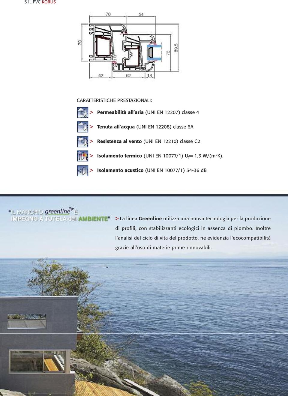 > Isolamento acustico (UNI EN 10077/1) 34-36 db > La linea Greenline utilizza una nuova tecnologia per la produzione di profili, con