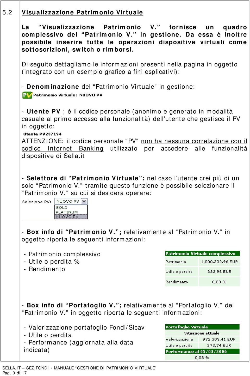 Di seguito dettagliamo le informazioni presenti nella pagina in oggetto (integrato con un esempio grafico a fini esplicativi): - Denominazione del Patrimonio Virtuale in gestione: - Utente PV ; è il