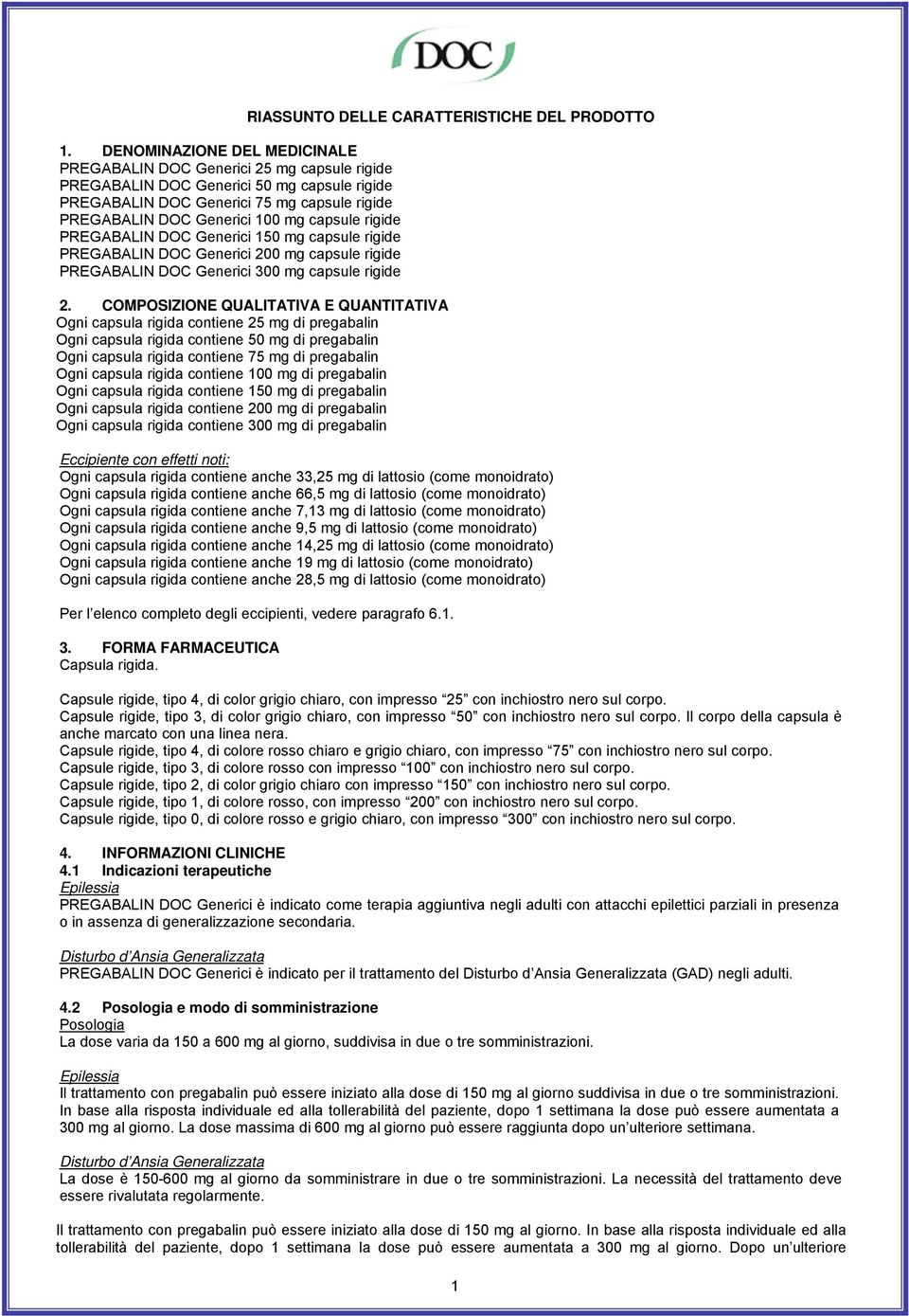 COMPOSIZIONE QUALITATIVA E QUANTITATIVA Ogni capsula rigida contiene 25 mg di pregabalin Ogni capsula rigida contiene 50 mg di pregabalin Ogni capsula rigida contiene 75 mg di pregabalin Ogni capsula