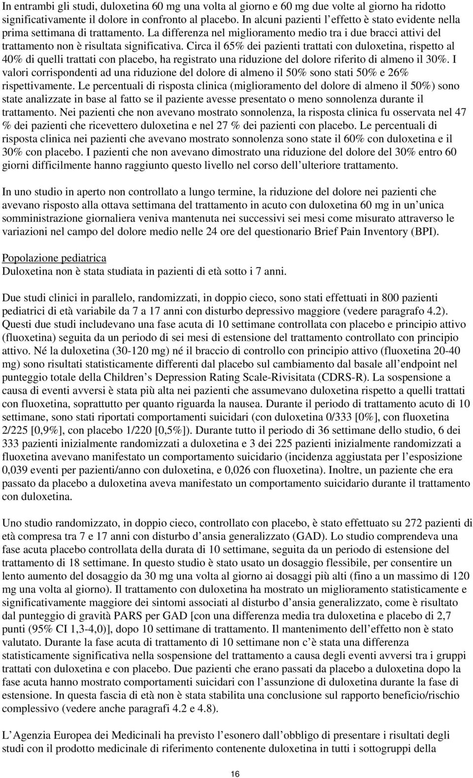 Circa il 65% dei pazienti trattati con duloxetina, rispetto al 40% di quelli trattati con placebo, ha registrato una riduzione del dolore riferito di almeno il 30%.