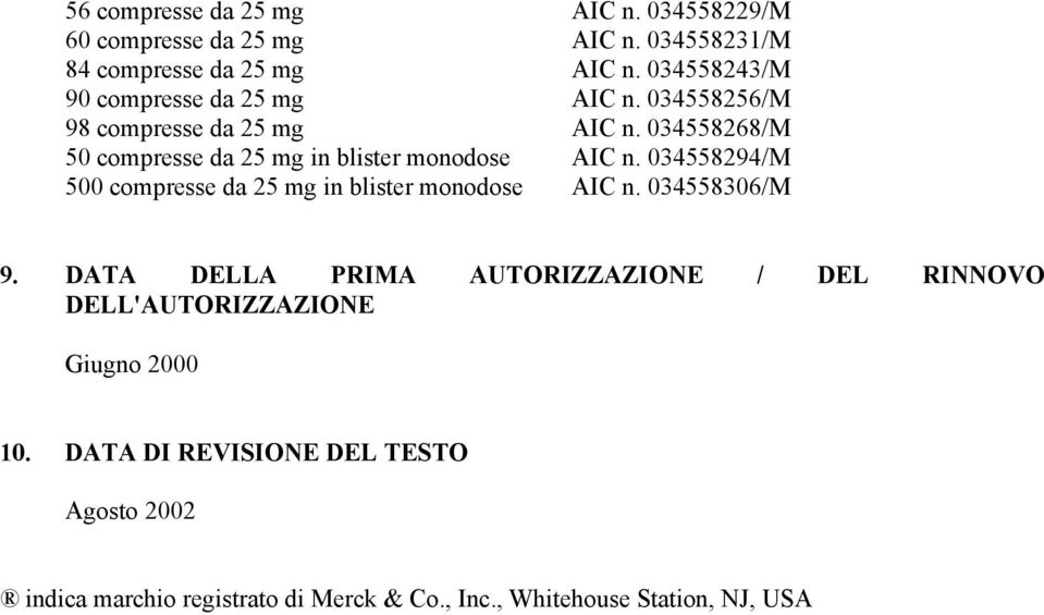 034558268/M 50 compresse da 25 mg in blister monodose AIC n. 034558294/M 500 compresse da 25 mg in blister monodose AIC n.
